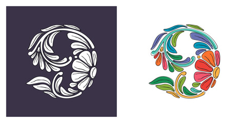 Fototapeta premium 9 logo. Number nine with botanical and flower pattern. Traditional leaves and curved lines embroidery ornament. Icon for wedding ceremony, vintage greeting cards, birthday identity, party invitations