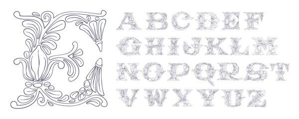 Alphabet with botanical and flower pattern. Vintage line engraving set. Traditional leaves and curved lines embroidery ornament. Icon for wedding ceremony, birthday identity and party invitations.
