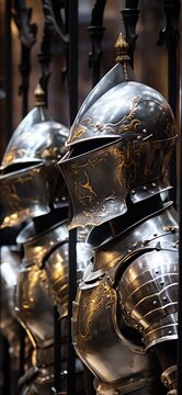 a group of armors with gold designs