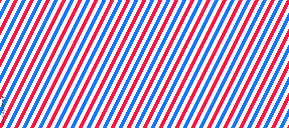 Poster Barber shop pole background. Abstract diagonal line seamless pattern. Striped repeating wallpaper. Red, white and blue repeating texture. Vector wrapping paper backdrop