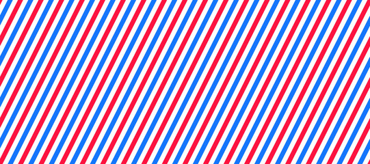 Barber shop pole background. Abstract diagonal line seamless pattern. Striped repeating wallpaper. Red, white and blue repeating texture. Vector wrapping paper backdrop - obrazy, fototapety, plakaty
