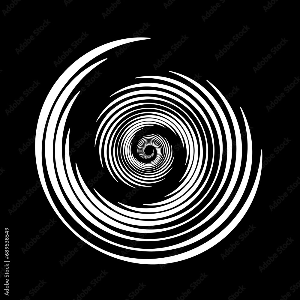 Poster spiral line element. radial spinning stripes texture. black and white circle swirl shape. abstract w