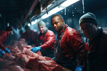 People work in a meat cutting factory.  Meat canteen