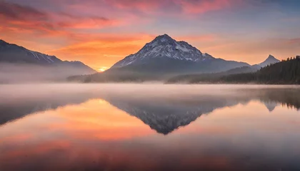 Fotobehang Mistige ochtendstond sunrise before the mountains   Mountain's Dawn Glow   Sunrise Over Peaks   Alpenglow Awakening