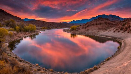 Fototapeta na wymiar A scene sunset over the lake | Dusk's Reflection Dance | Twilight Serenity Lake | Crimson Horizon Waters