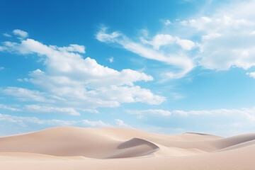 Fototapeta na wymiar Minimalist Desert Landscape with Sand Dunes under Blue Sky with White Clouds