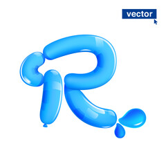 R letter logo made of blue clear water and dew drops. Eco-friendly realistic 3D twisted balloons. Vector elements in plastic cartoon style. Perfect for pure nature banner, healthy filter labels.