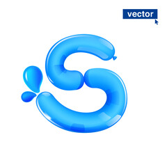 S letter logo made of blue clear water and dew drops. Eco-friendly realistic 3D twisted balloons. Vector elements in plastic cartoon style. Perfect for pure nature banner, healthy filter labels.