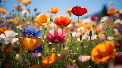 A boundless field of wildflowers, with a sea of colors as the background, during a vibrant spring day