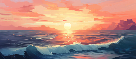 painting of sunset over the ocean with waves crashing on the shore - obrazy, fototapety, plakaty