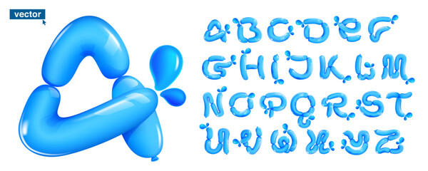 Alphabet made of blue clear water and dew drops. Eco-friendly realistic 3D twisted balloons. Vector elements in plastic cartoon style. Perfect for pure nature banner, healthy filter labels.