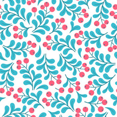 Seamless pattern with interweaving branches leaves and red berries on white background. Vector hand draw illustration for wrapping paper, greeting cards