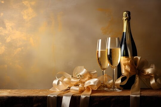 Valentine's Day background. Champagne bottle, glasses.
