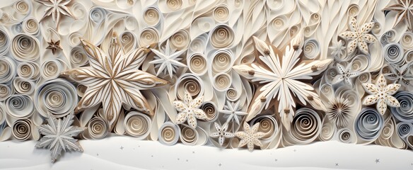 Paper snowflakes background. Christmas background with white snowflakes and stars on a white wall.