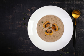 Mushroom cream soup. Vegan food. Dietary menu. Top view, flat lay.