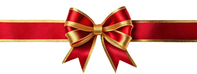 Shiny red and gold satin ribbon bow, isolated on transparent background