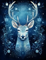 Deer with big antlers in the forest. Christmas illustration. Winter Christmas and New Year background.