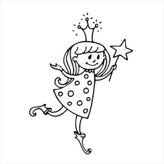 Vector contour illustration of princess with crown and magic wand. Line drawing of a fairy. Coloring, ornament element