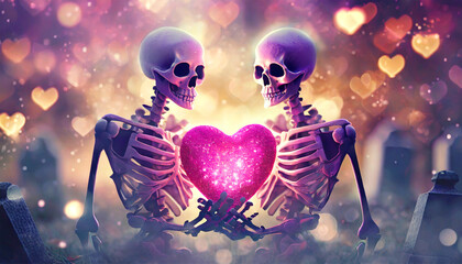 valentines day background with two skeleton in bokeh background - obrazy, fototapety, plakaty
