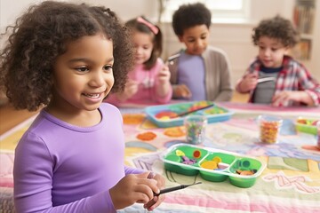Fototapeta premium Joyful Kids Engaging in Creating Easter Decorations. Painting and Drawing on Eggs with Delight