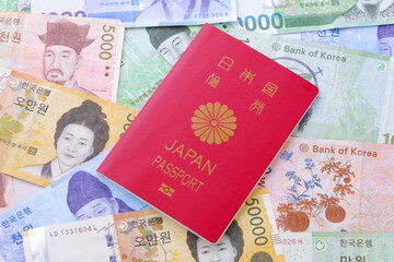 日本のパスポート（一般旅券10年用赤色）と、韓国の通貨ウォンKRWの紙幣
