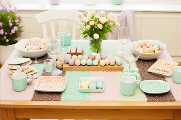 Obraz na płótnie Canvas Festive Easter Table. Vibrant and Pastel-Colored Decorations for a Warm and Joyful Atmosphere