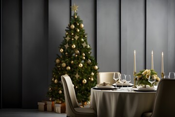 Christmas table with christmas tree and gifts.