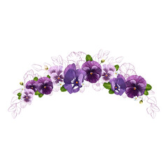 Pansies. Summer delicate purple flowers. Watercolor illustration of an frame for text. Horizontal banner. For the design of postcards, banner, textiles