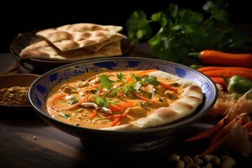 Thai food panang curry served with crispy roti
