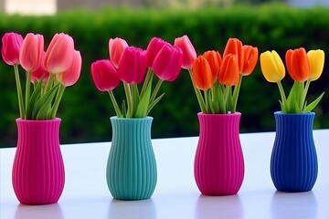 Obraz premium Elegant Table Decor. Vibrant Tulip Arrangement in Stylish Vases, Creating a Stunning Display