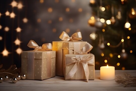 Christmas gift boxes and candles on dark background with bokeh lights.
