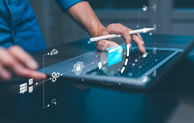 Security password login online Folder document Management System DMS Open File folder with flying blank documents with computer. Data transfer backup, File Sharing, Document Transferring concept.