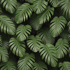 Black tropical plam leaves background with green plants close-up view after rain.