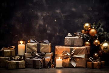 Christmas gift boxes with burning candles on wooden table against dark background.