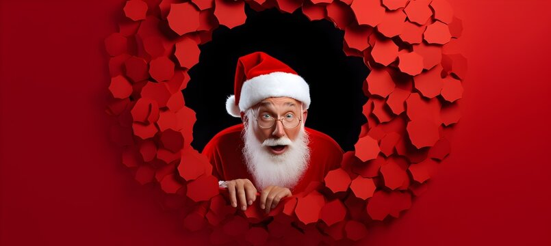 Santa Claus looking through hole in red paper wall. Surprised Santa Claus looking through hole in paper wall. Christmas concept.