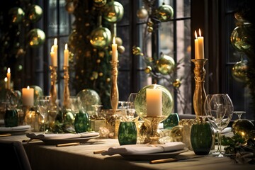 Fototapeta na wymiar Elegant Christmas table setting with golden and green decorations and candles.