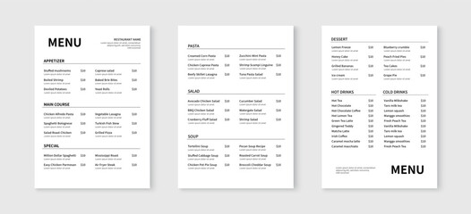 Minimalist menu layout template. Restaurant and cafe menu design. Vector illustration - obrazy, fototapety, plakaty