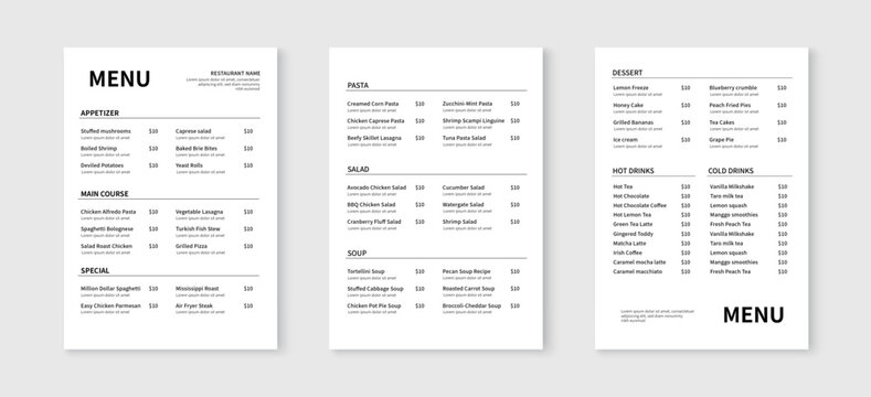 Minimalist menu layout template. Restaurant and cafe menu design. Vector illustration