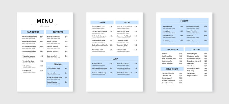 Minimalist menu layout template. Restaurant and cafe menu design. Vector illustration