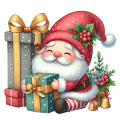 cute gnome santa claus cartoon hand draw cartoon style and christmas tree on white background, watercolor clipart on png transparency