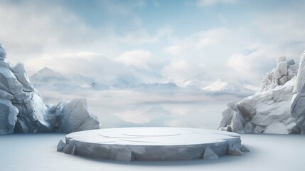 Abstact 3d render winter scene and Natural podium background, Ice podium on the ice rock and stone for product display