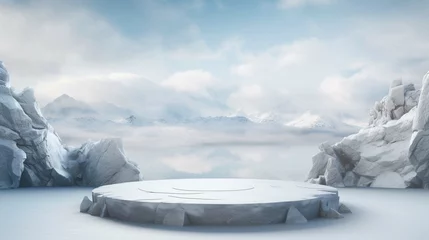 Foto op Canvas Abstact 3d render winter scene and Natural podium background, Ice podium on the ice rock and stone for product display © Amer