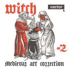 Witch and plague doctor cooking potion with black rooster in cauldron on fire. Vector engraving style illustration. Medieval art with gothic lettering. Perfect for bewitchment emblem, historical print