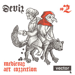 Witch with devil riding on a black cat. Vector engraving style illustration. Medieval art with gothic lettering. Perfect for bewitchment emblem, pagan music, witch-craze posters, historical prints.