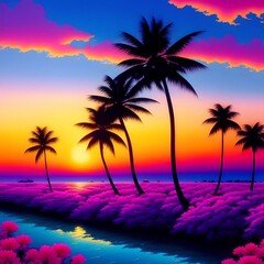 Fototapeta na wymiar Beautiful Beach Landscape with Palm Trees and Flowers during Sunset Nature Illustration