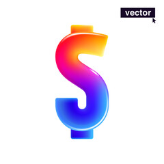 Dollar sign logo. Realistic 3D design in cartoon vivid style. Vector illustration. Perfect gradient icon for holiday sale banner, glossy tech posters, multicolor emblems, vibrant futuristic ad.