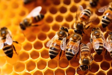 Macro working bees on honeycombs. Bees producing honey.
