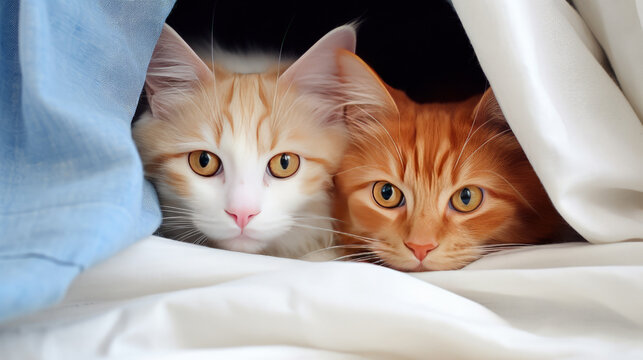 Two cats under a white blanket.