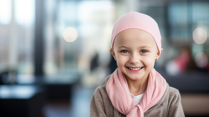 Portrait of little girl with cancer that is smiling - obrazy, fototapety, plakaty