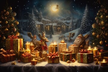 Many gift boxes for the Christmas eve night with snow in winter comeliness